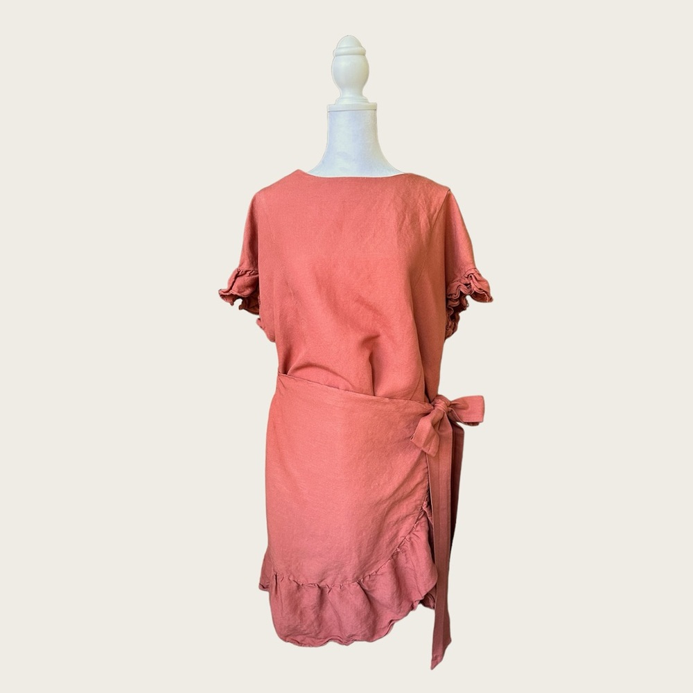 ASTR The Label, Linen Ruffle Wrap Dress, Coral, Size S